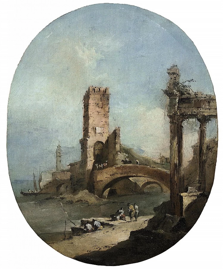 Un capriccio con un tempio in rovina, un ponte fortificato e un campanile sulla laguna - National Gallery of Ireland